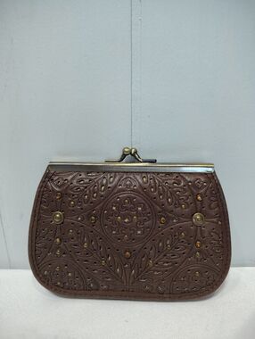 Vintage Tooled Leather Kiss Lock Wallet Brown Studded Boho Western Clutch